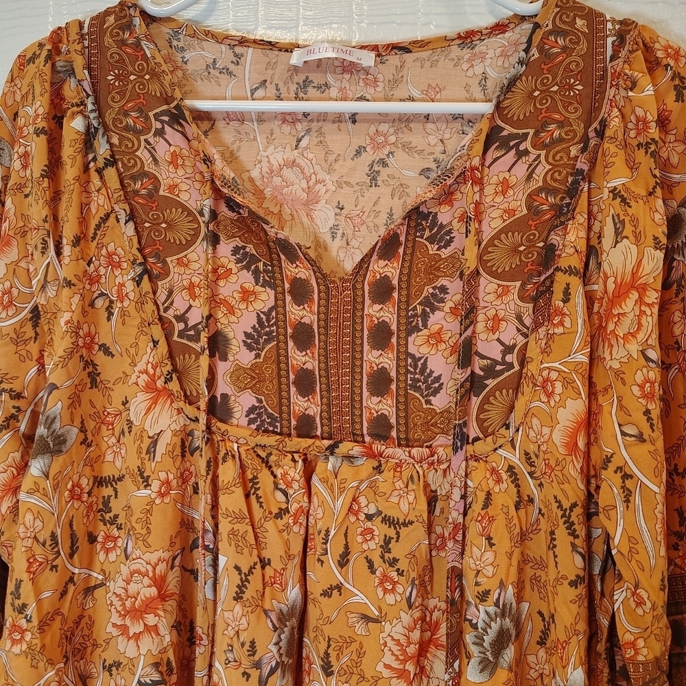 Bluetime Women Medium Casual Boho Gypsy Vacation Hippie Dress Orange Floral - Picture 4 of 7